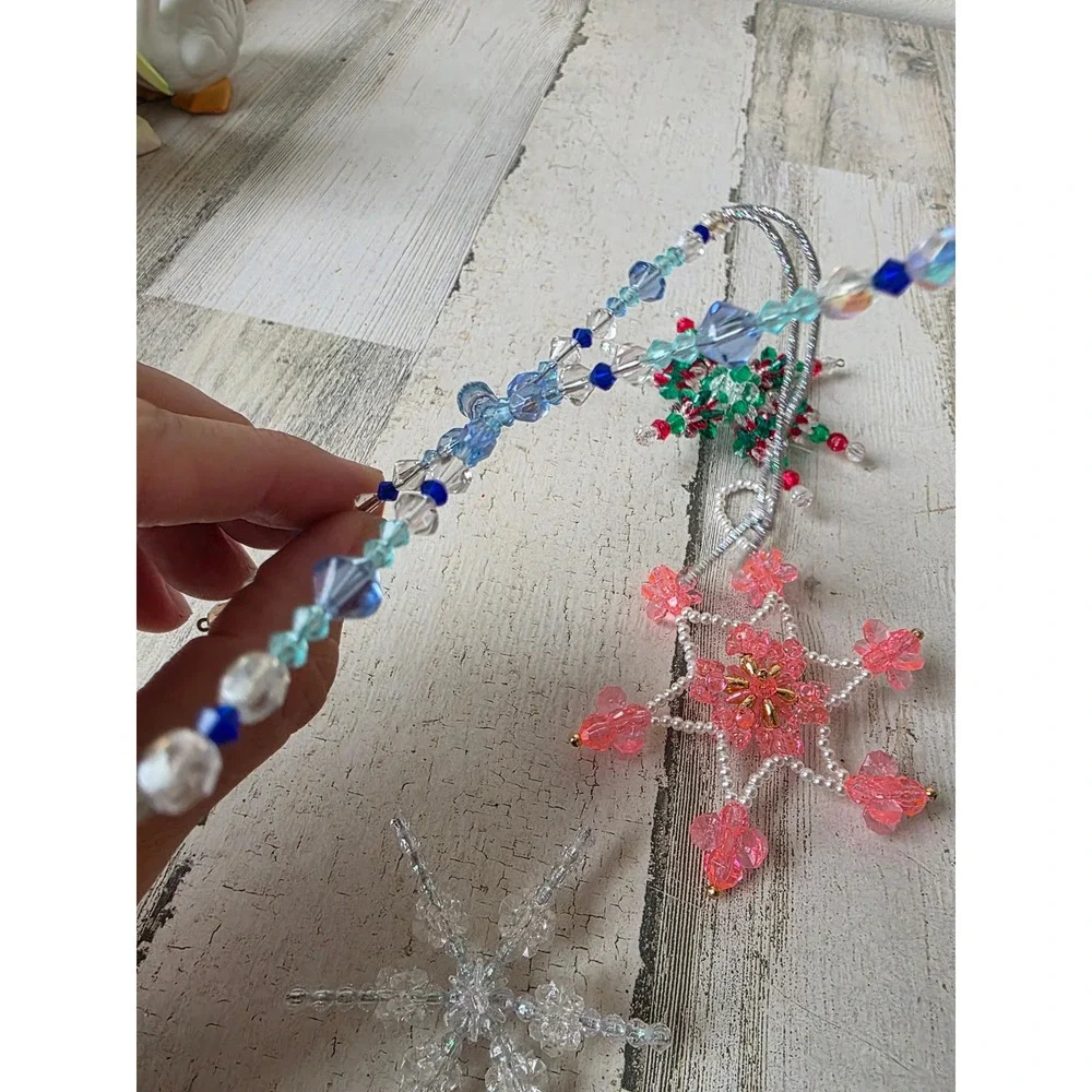 Vintage beaded star ornament pink blue Xmas tree pearls